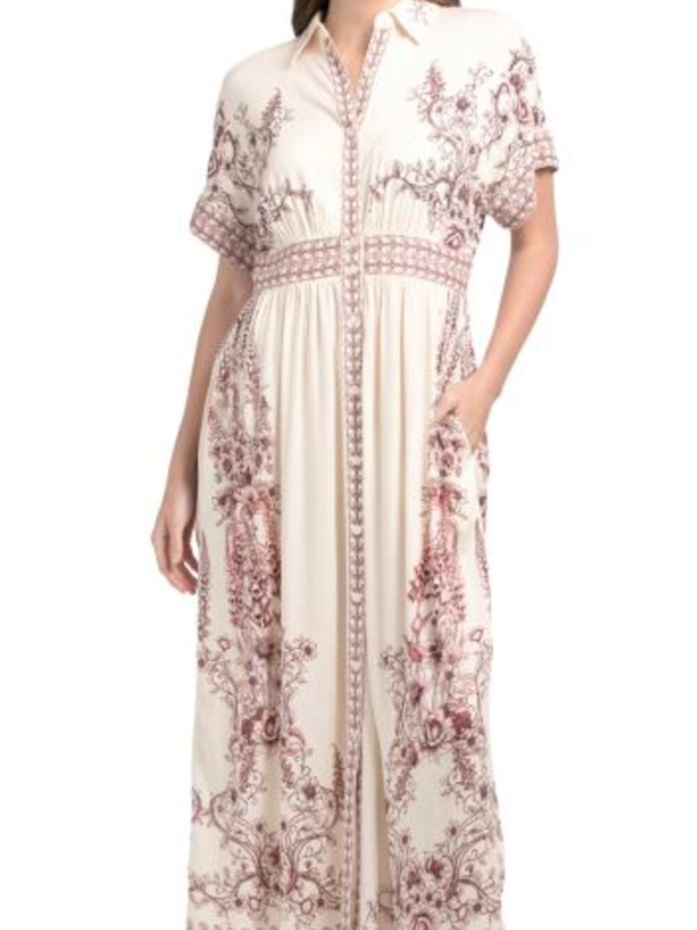 Max Studio Cream Maxi Dress with Brown Floral Print Accents